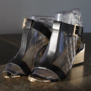 Ted Baker Black Leather T-strap Sandals with Gold Block Heel